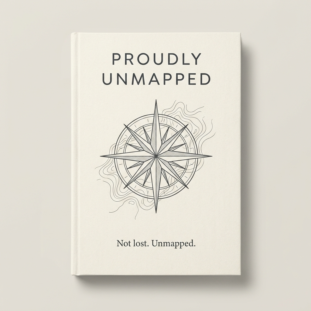 Proudly Unmapped Book Cover - minimalist compass rose on soft cream paper