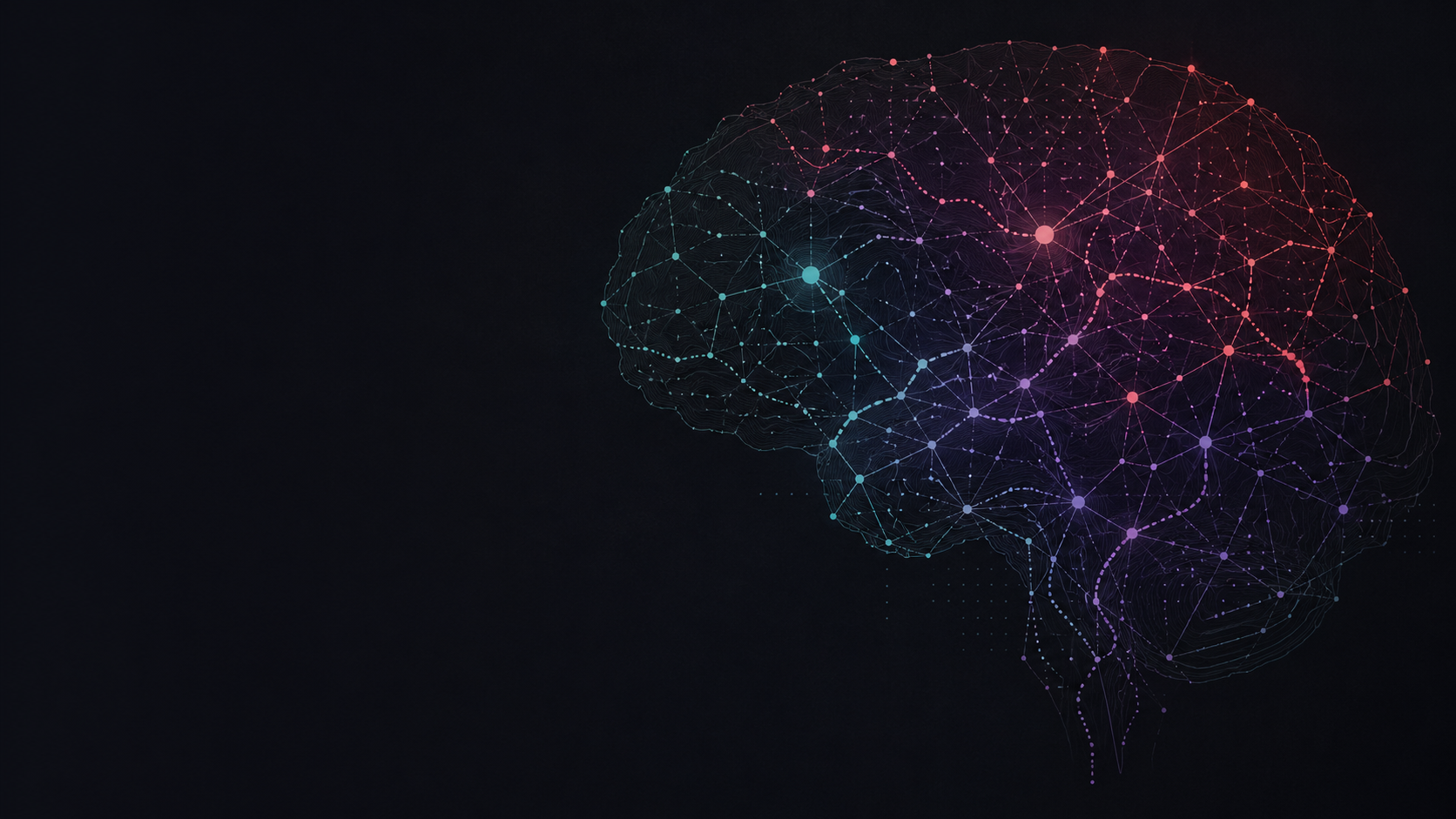 Brain-shaped network map of colorful nodes and paths on a charcoal background